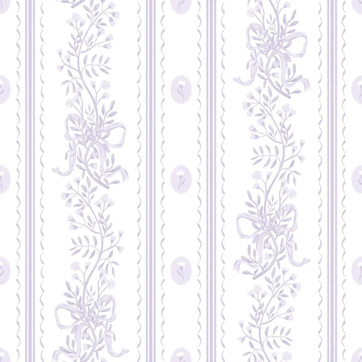 Dottie Wallpaper - Sweet Bows and Blooms Stripe - by Zanet From Wonderland - Sample 1 foot by 1 foot / White and Lilac