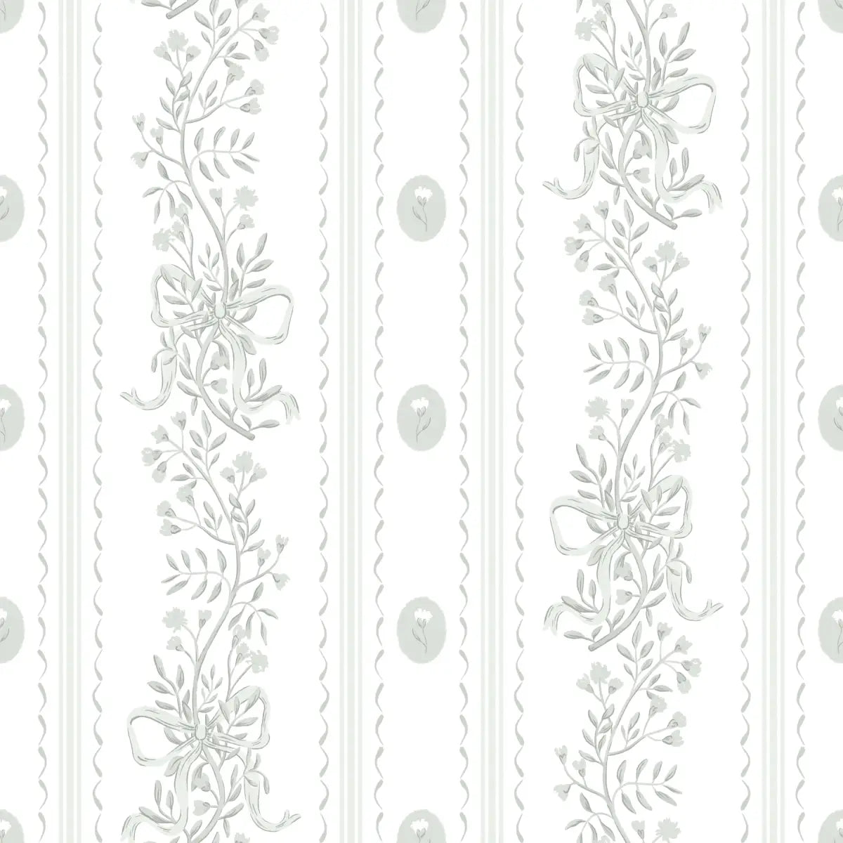 Dottie Wallpaper - Sweet Bows and Blooms Stripe - by Zanet From Wonderland - Sample 1 foot by 1 foot / White and Sage