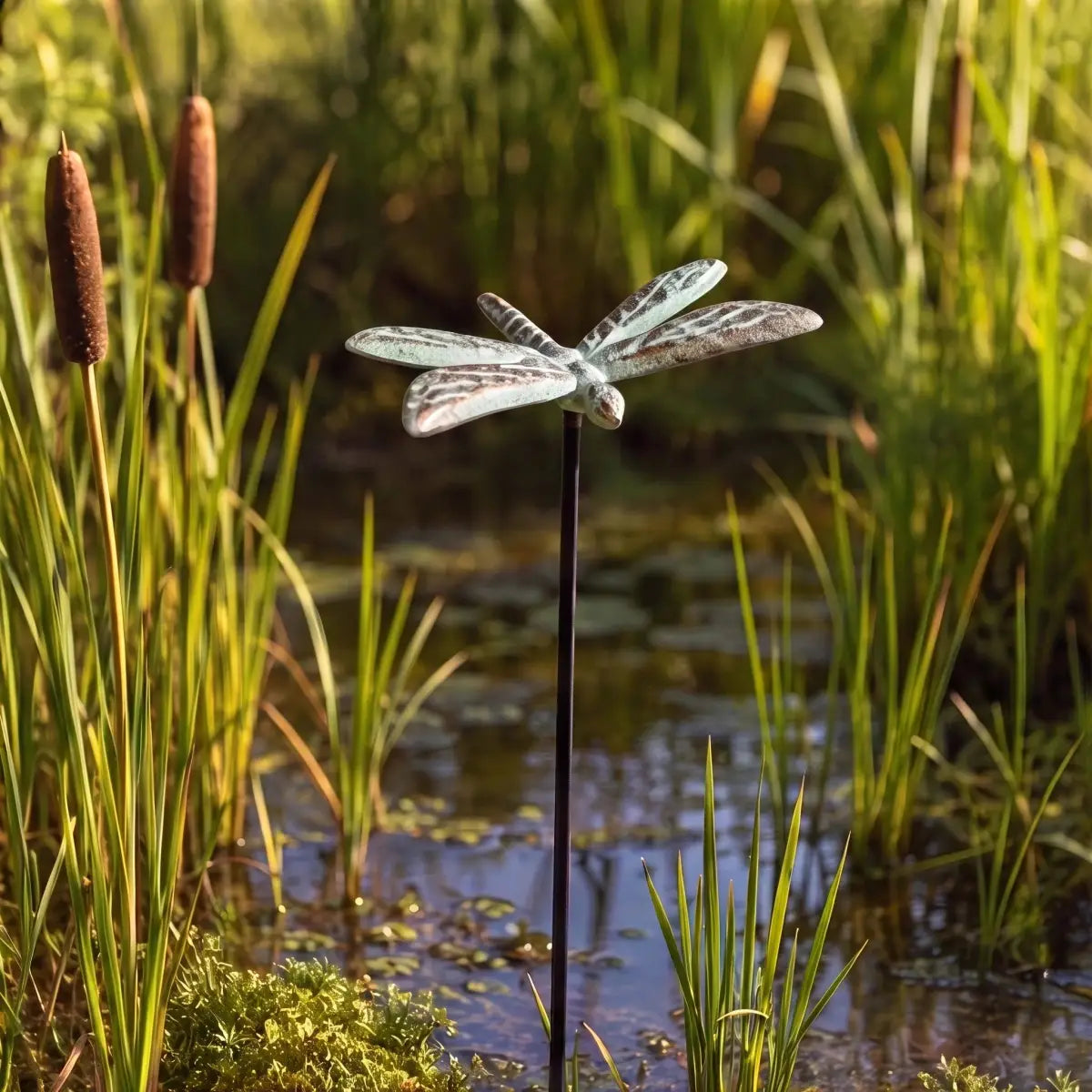 Dragonfly Garden Stake - Green Gold Cast Iron Plant Pick - Iron & Blossom