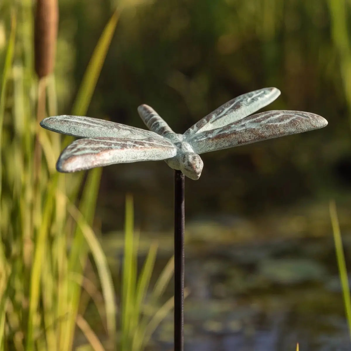 Dragonfly Garden Stake - Green Gold Cast Iron Plant Pick - Iron & Blossom