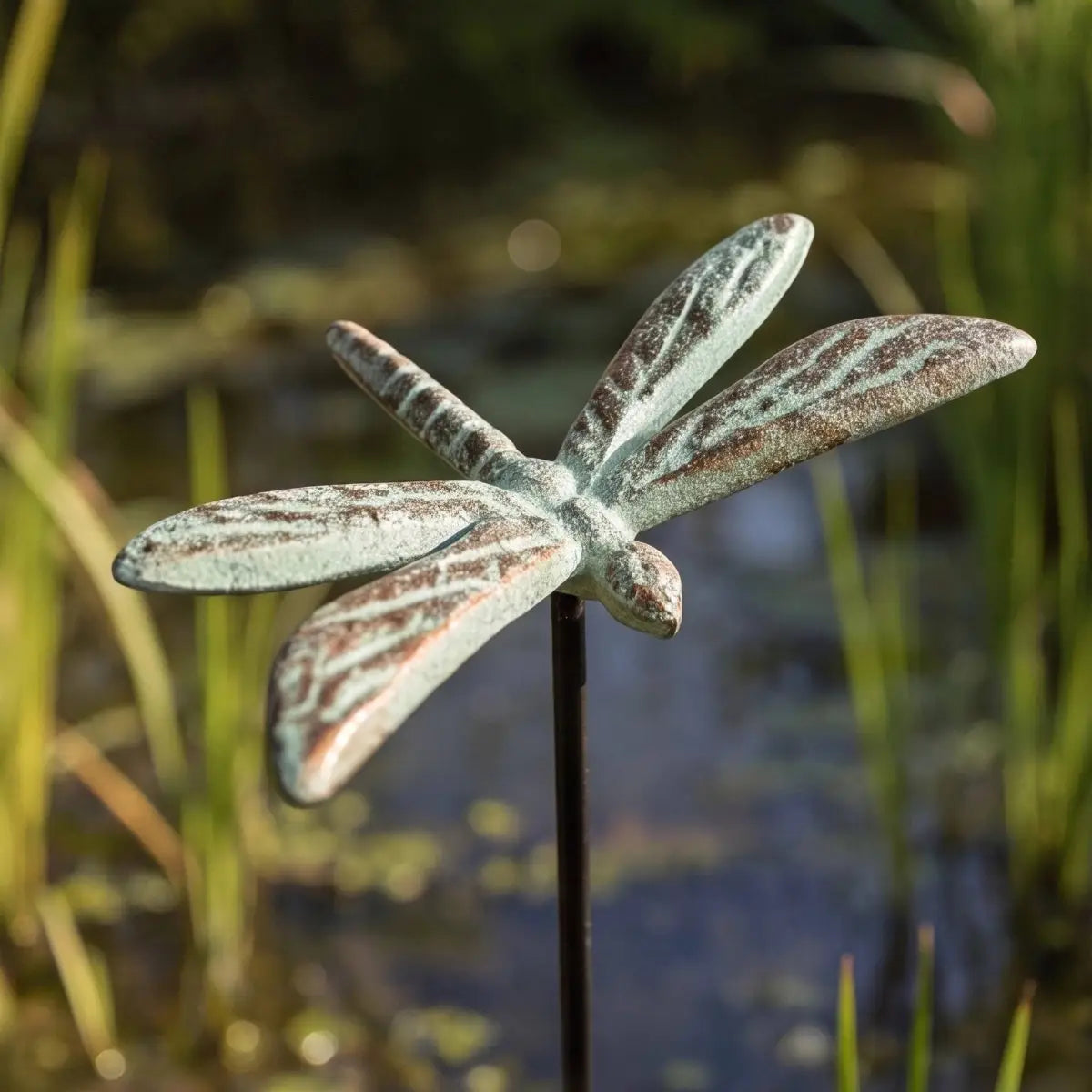 Dragonfly Garden Stake - Green Gold Cast Iron Plant Pick - Iron & Blossom