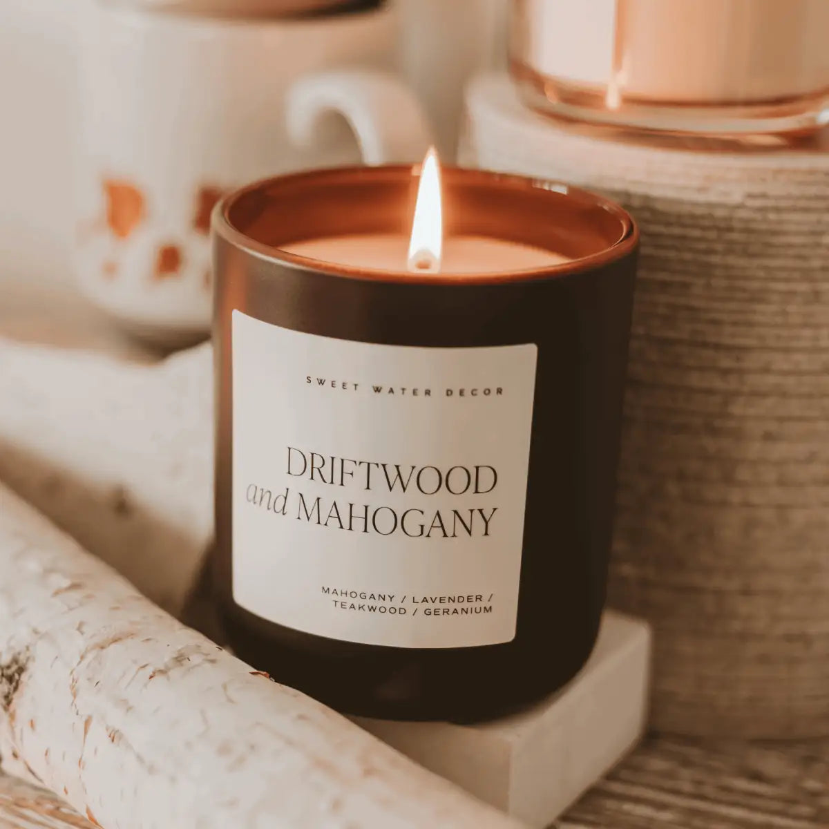 Driftwood and Mahogany Soy Candle - Brown Matte Jar - 15 oz - Sweet Water Decor