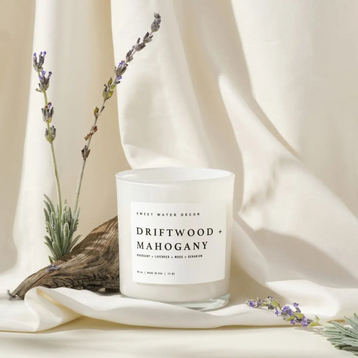 Driftwood and Mahogany Soy Candle - White Jar - 11 oz - Sweet Water Decor