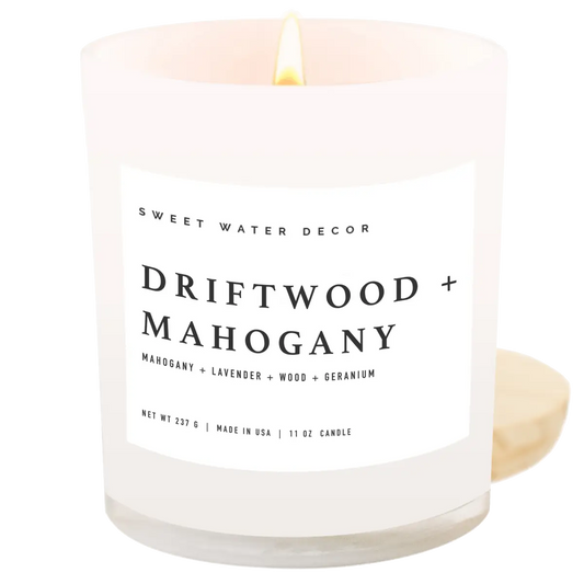 Driftwood and Mahogany Soy Candle - White Jar - 11 oz - Sweet Water Decor