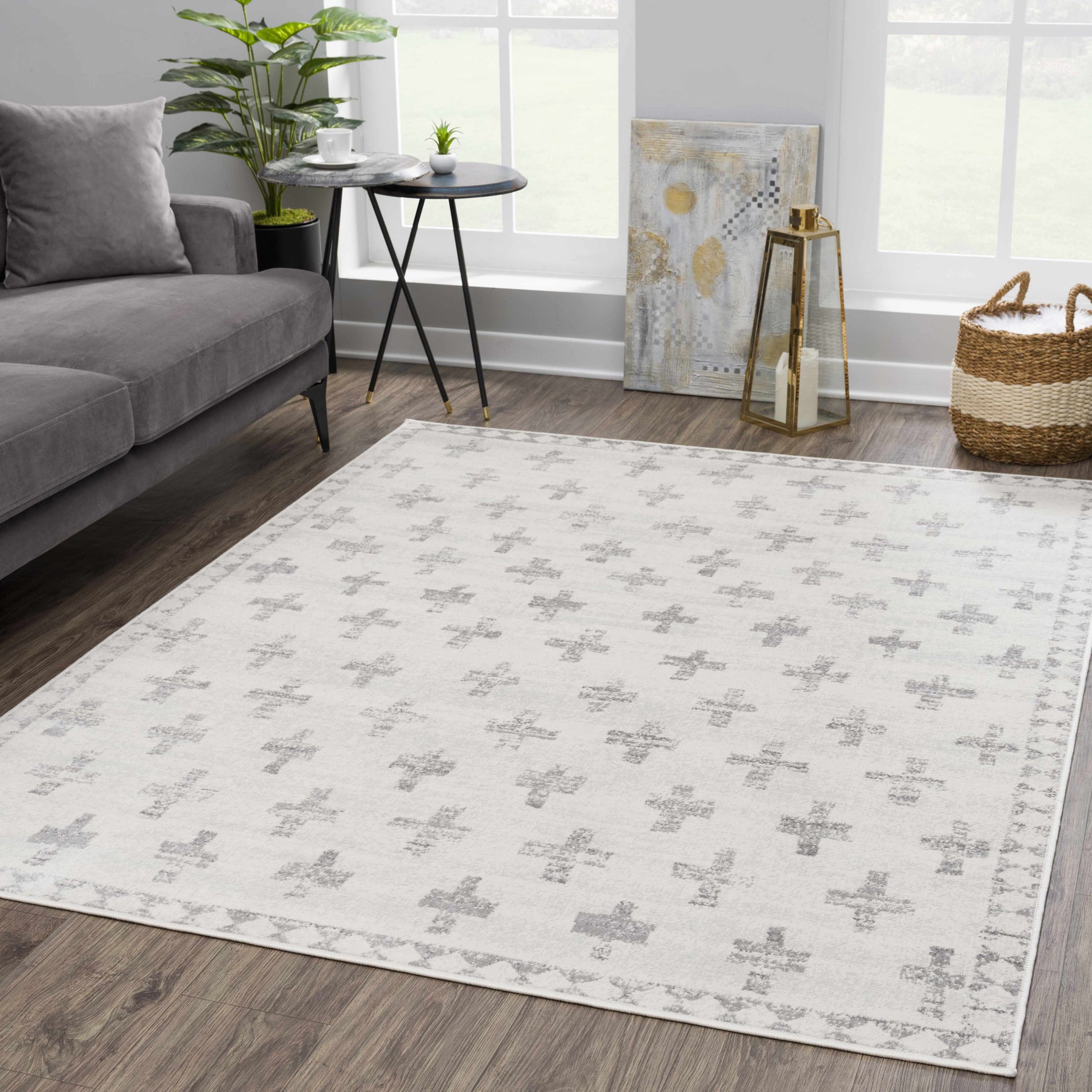 Tigris Swiss Cross Ivory&Gray Area Rug - Boutique Rugs
