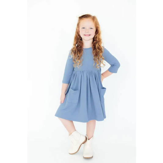 Dusty Blue 3/4 Sleeve Pocket Twirl Dress - Mila & Rose ®
