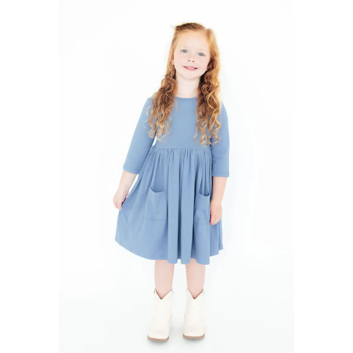 Dusty Blue 3/4 Sleeve Pocket Twirl Dress - Mila & Rose ®