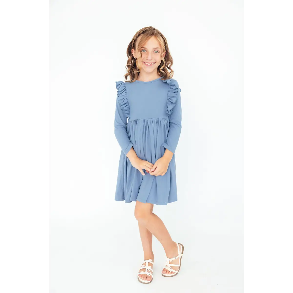 Dusty Blue L/S Ruffle Twirl Dress - Mila & Rose ®