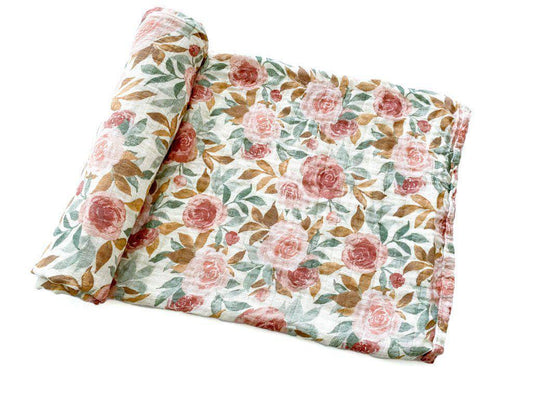 Dusty Pink Floral Muslin Swaddle Blanket - Harp Angel Boutique