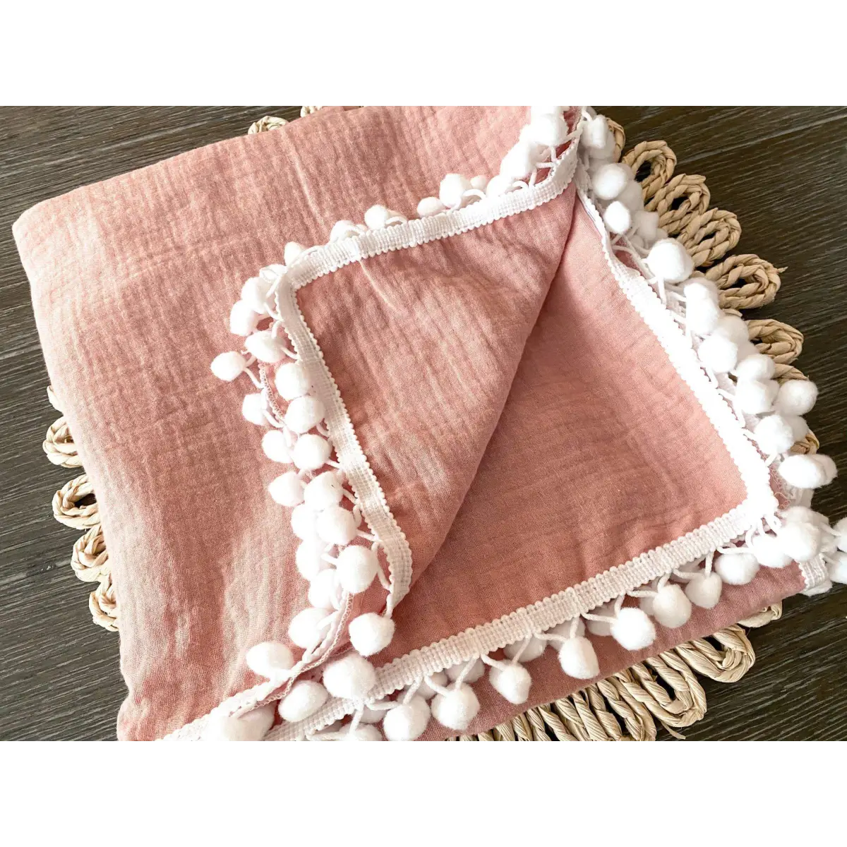 Dusty Pink Pom Muslin Swaddle Blanket - Harp Angel Boutique