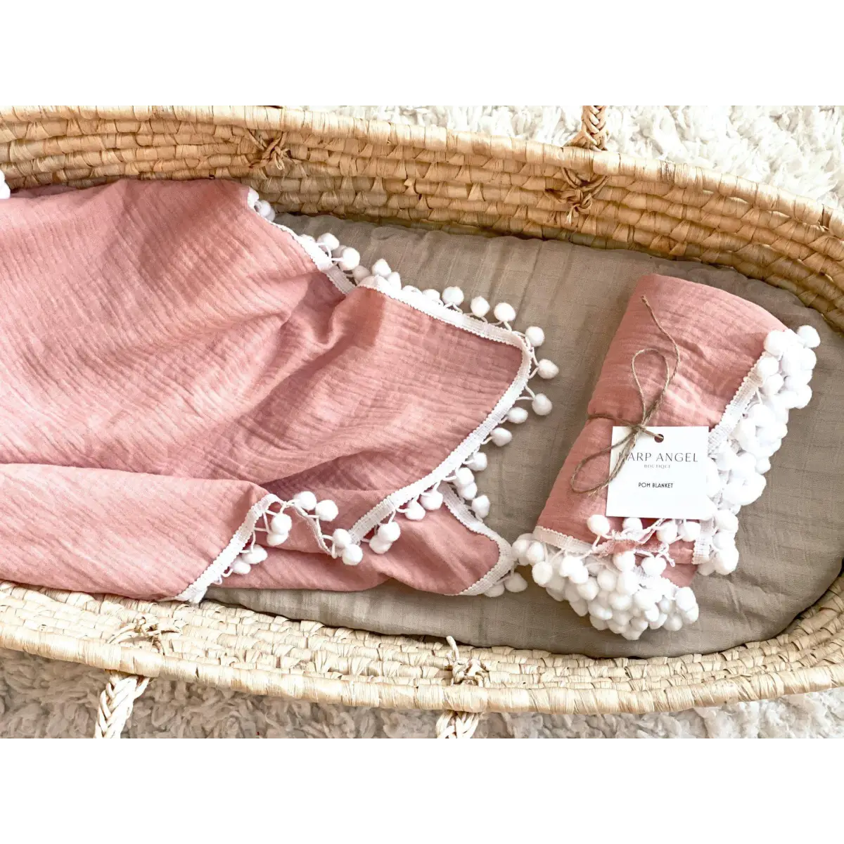 Dusty Pink Pom Muslin Swaddle Blanket - Harp Angel Boutique