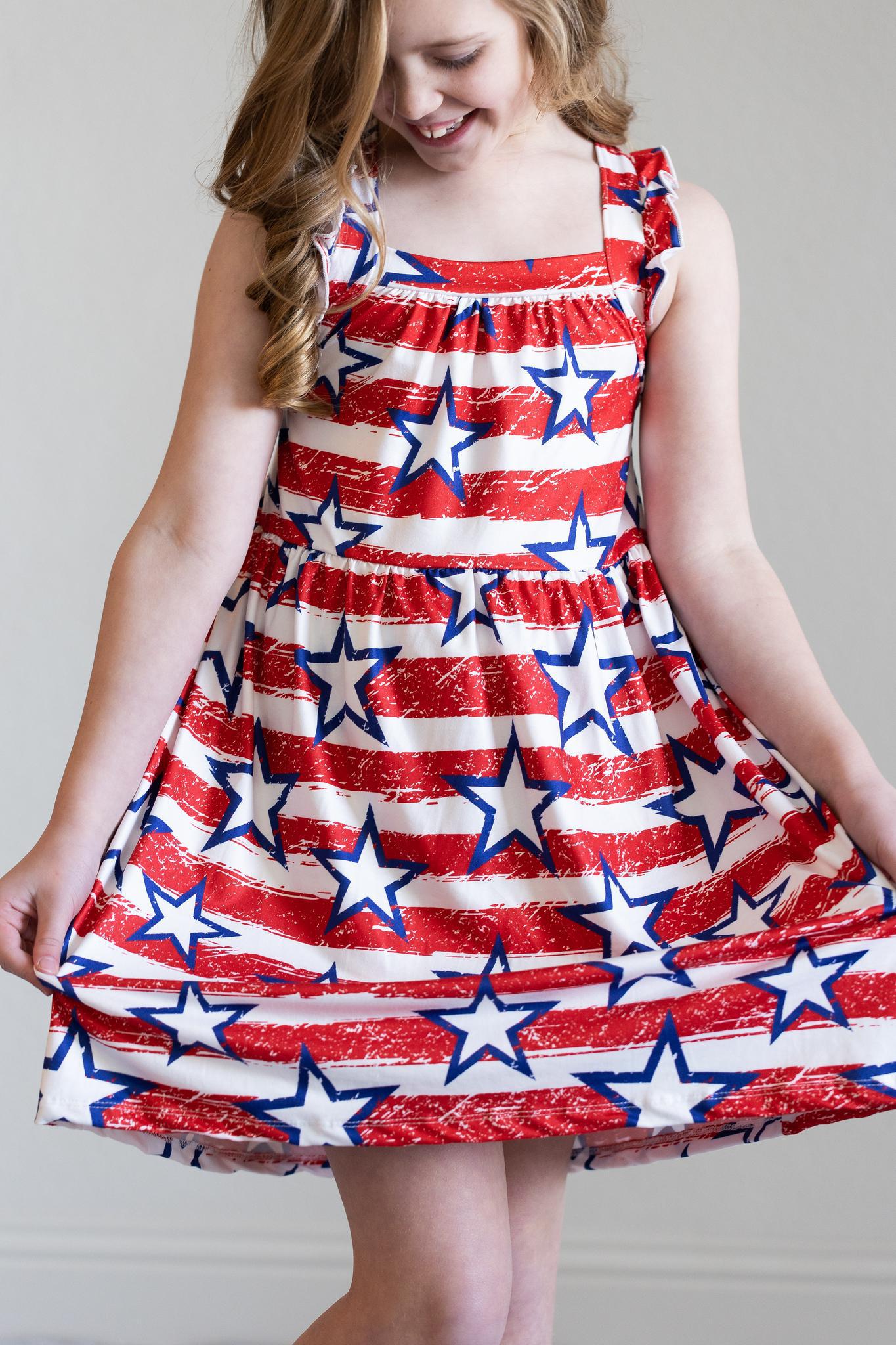 Stars & Stripes Ruffle Cross Back Dress