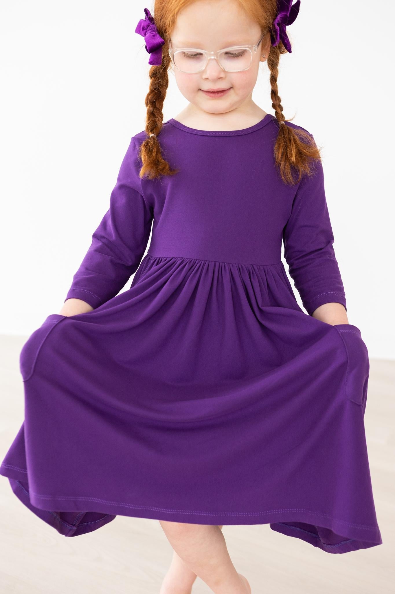 SALE Purple 3/4 Sleeve Pocket Twirl Dress