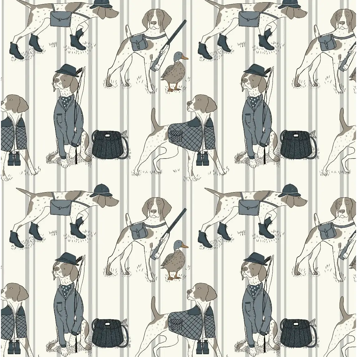 Edmund Wallpaper - Dogs Fishing - by Painted Hawk Design - Sample 1 foot by 1 foot / Blue - Loomwell Home Goods