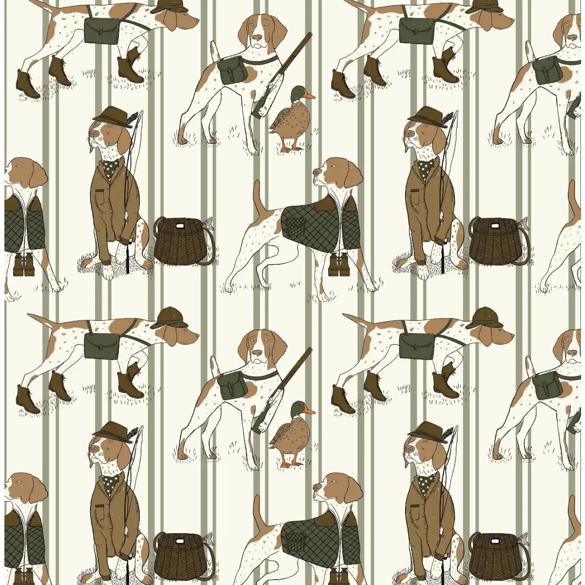 Edmund Wallpaper - Dogs Fishing - by Painted Hawk Design - Sample 1 foot by 1 foot / Sage - Loomwell Home Goods