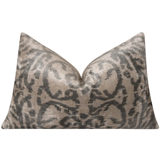 Elegant Handmade Silk Velvet Throw Pillow - 16x24 Taupe and Gray Luxury Cushion with Down Feather Insert - Canvello