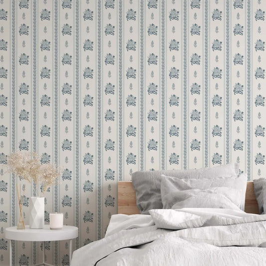 Elodie Wallpaper- Blue Floral Stripe - by Pepper Design - Loomwell Home Goods