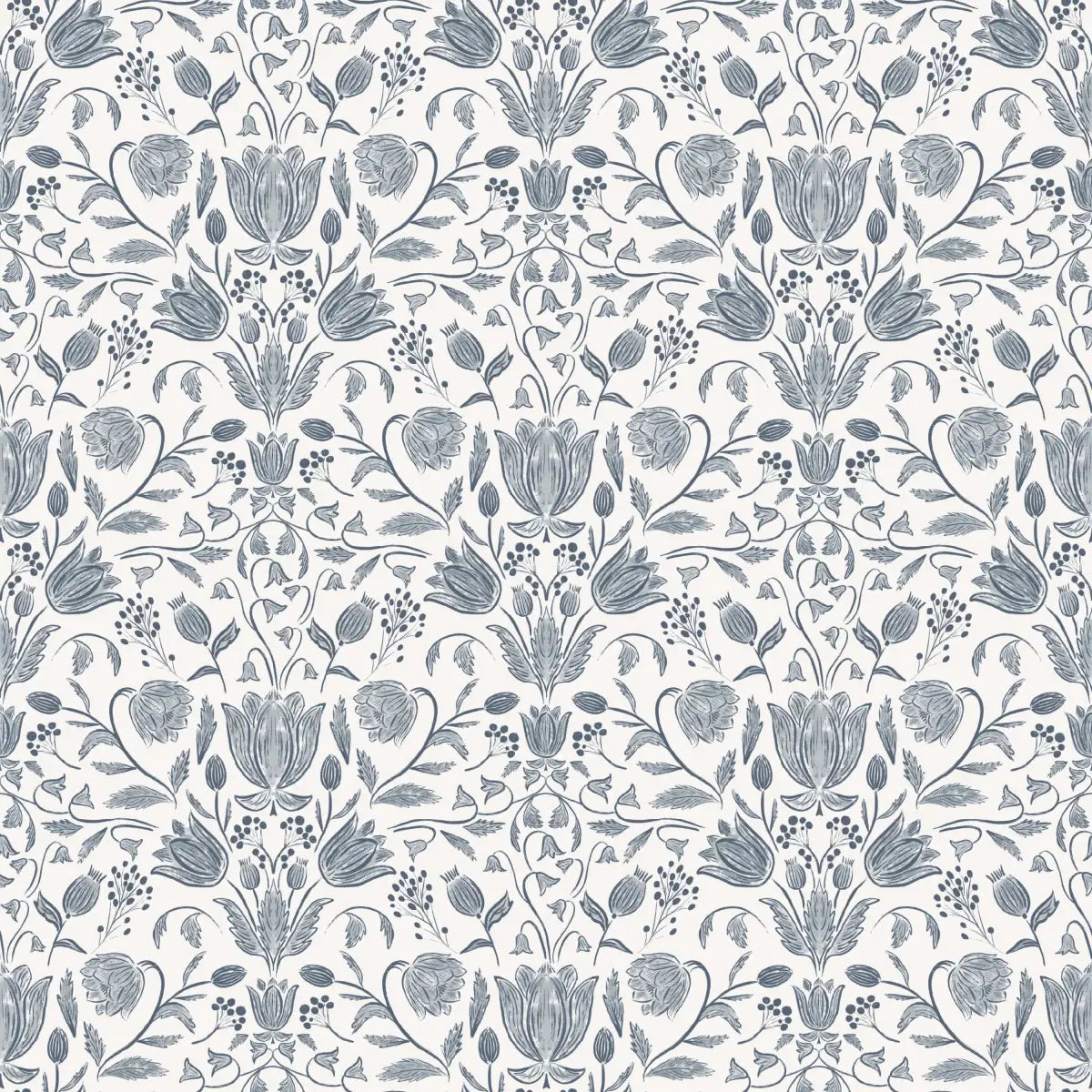 Elowyn Wallpaper - Blue Flower Line Drawings - by Kathryn Therese - Sample 1 foot by 1 foot - Loomwell Home Goods