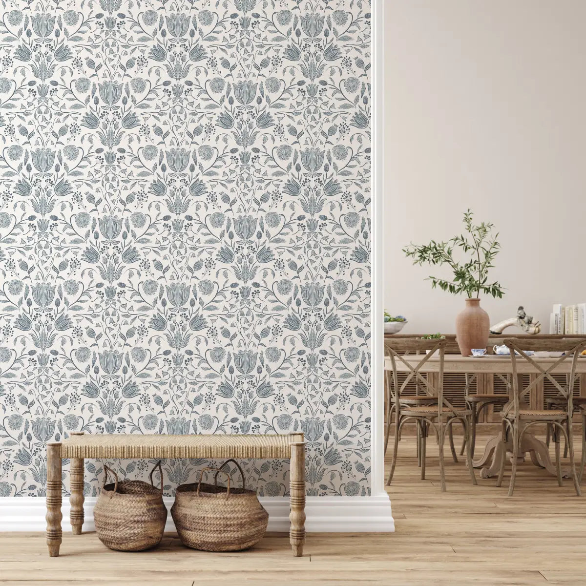 Elowyn Wallpaper - Blue Flower Line Drawings - by Kathryn Therese - Loomwell Home Goods