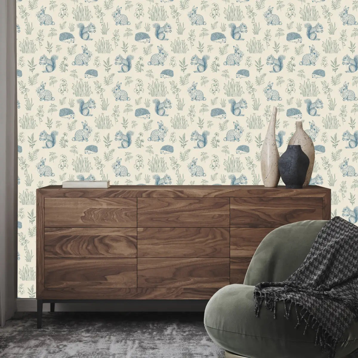 Ember Wallpaper - Bunnies Squirrels Hedgehogs - by Manvi Semalty - Loomwell Home Goods