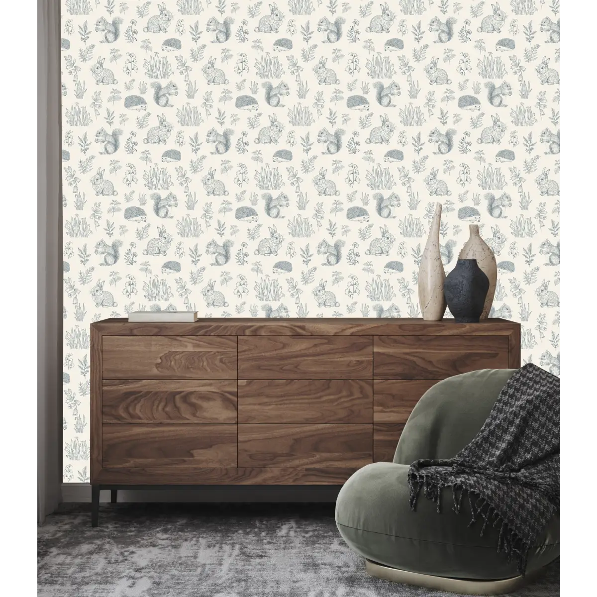 Ember Wallpaper - Bunnies Squirrels Hedgehogs - by Manvi Semalty - Loomwell Home Goods