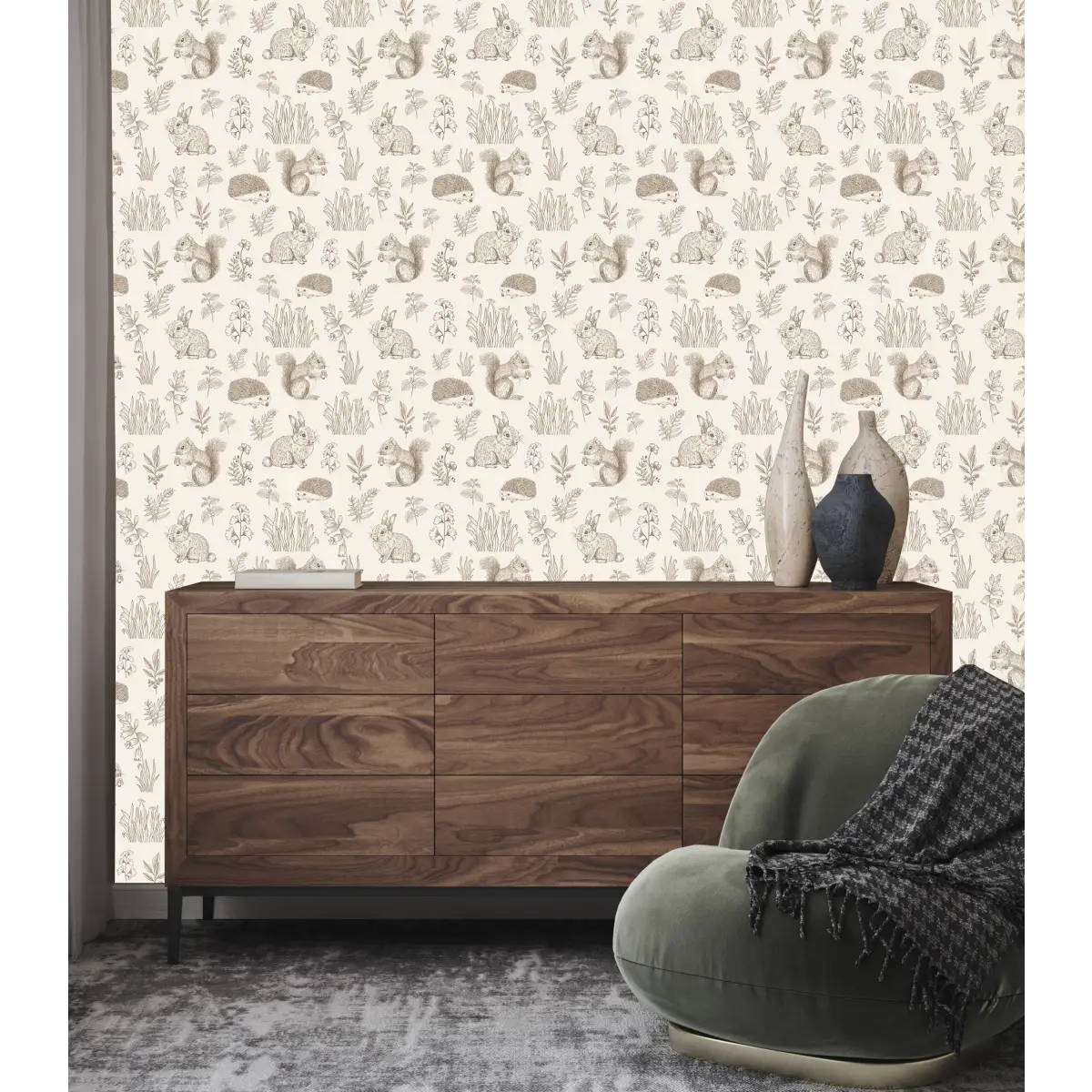 Ember Wallpaper - Bunnies Squirrels Hedgehogs - by Manvi Semalty - Loomwell Home Goods