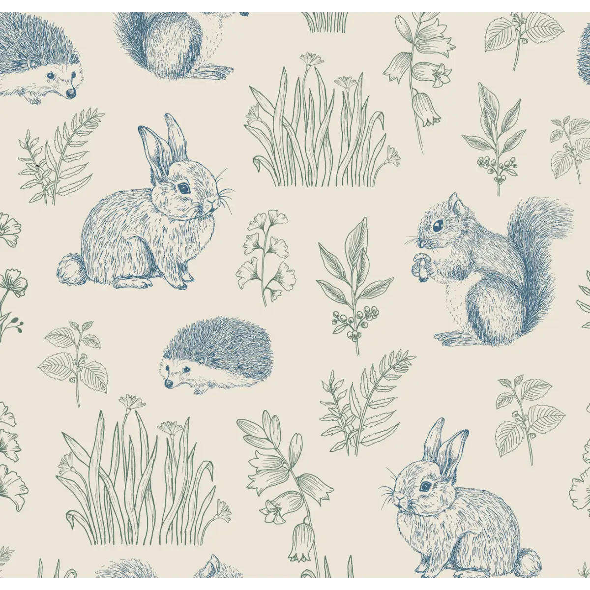 Ember Wallpaper - Bunnies Squirrels Hedgehogs - by Manvi Semalty - Sample 1 foot by 1 foot / Blue and Green - Loomwell