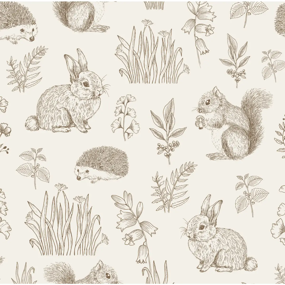 Ember Wallpaper - Bunnies Squirrels Hedgehogs - by Manvi Semalty - Sample 1 foot by 1 foot / Brown - Loomwell Home Goods