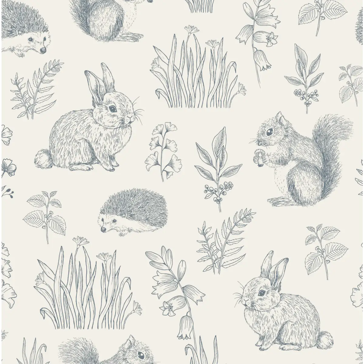 Ember Wallpaper - Bunnies Squirrels Hedgehogs - by Manvi Semalty - Sample 1 foot by 1 foot / Grey - Loomwell Home Goods
