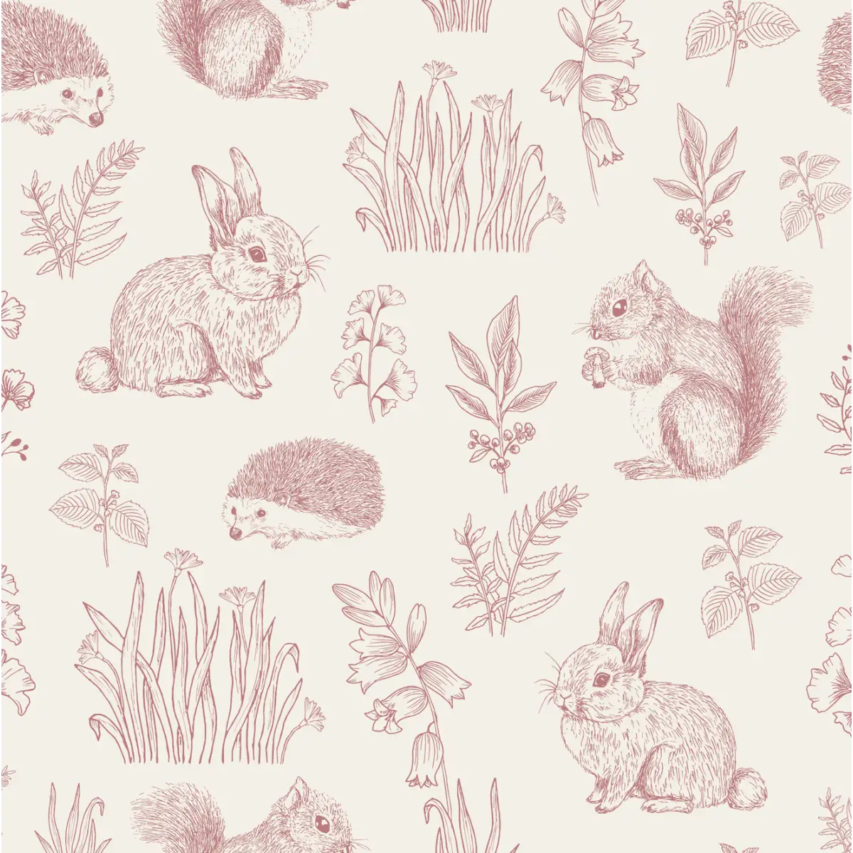 Ember Wallpaper - Bunnies Squirrels Hedgehogs - by Manvi Semalty - Sample 1 foot by 1 foot / Pink - Loomwell Home Goods