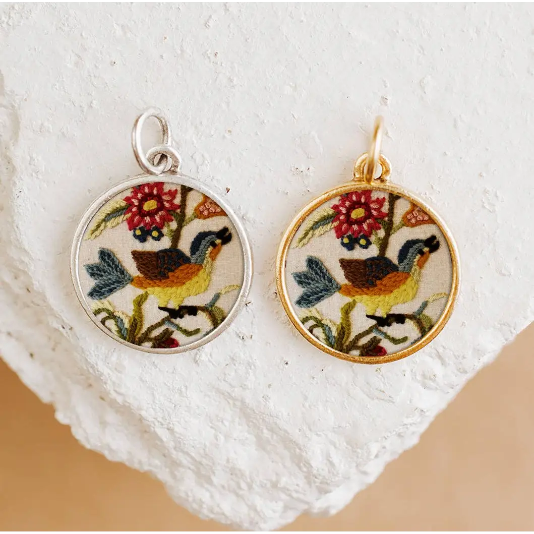 Embroidered Songbird Charm Pendant Necklace Gold or Silver - Antique Gold / Pendant Only - Bel Kai
