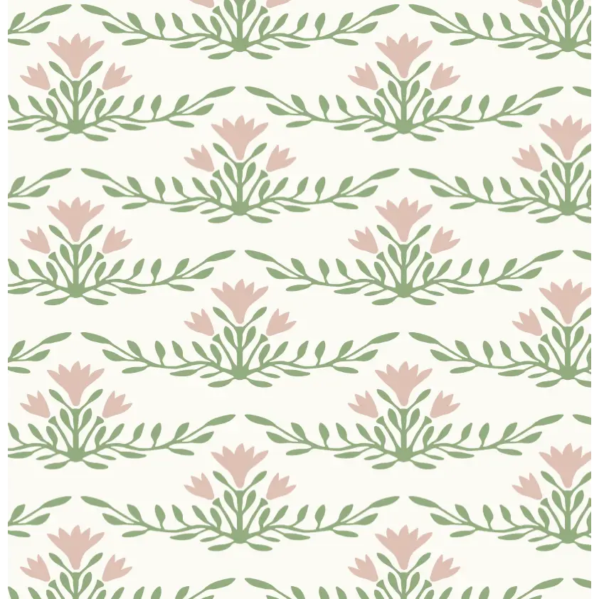 Emily Wallpaper - Horizontal Floral Stripes - by Heights Design Studio - Sample 1 foot by 1 foot / Blush and Green