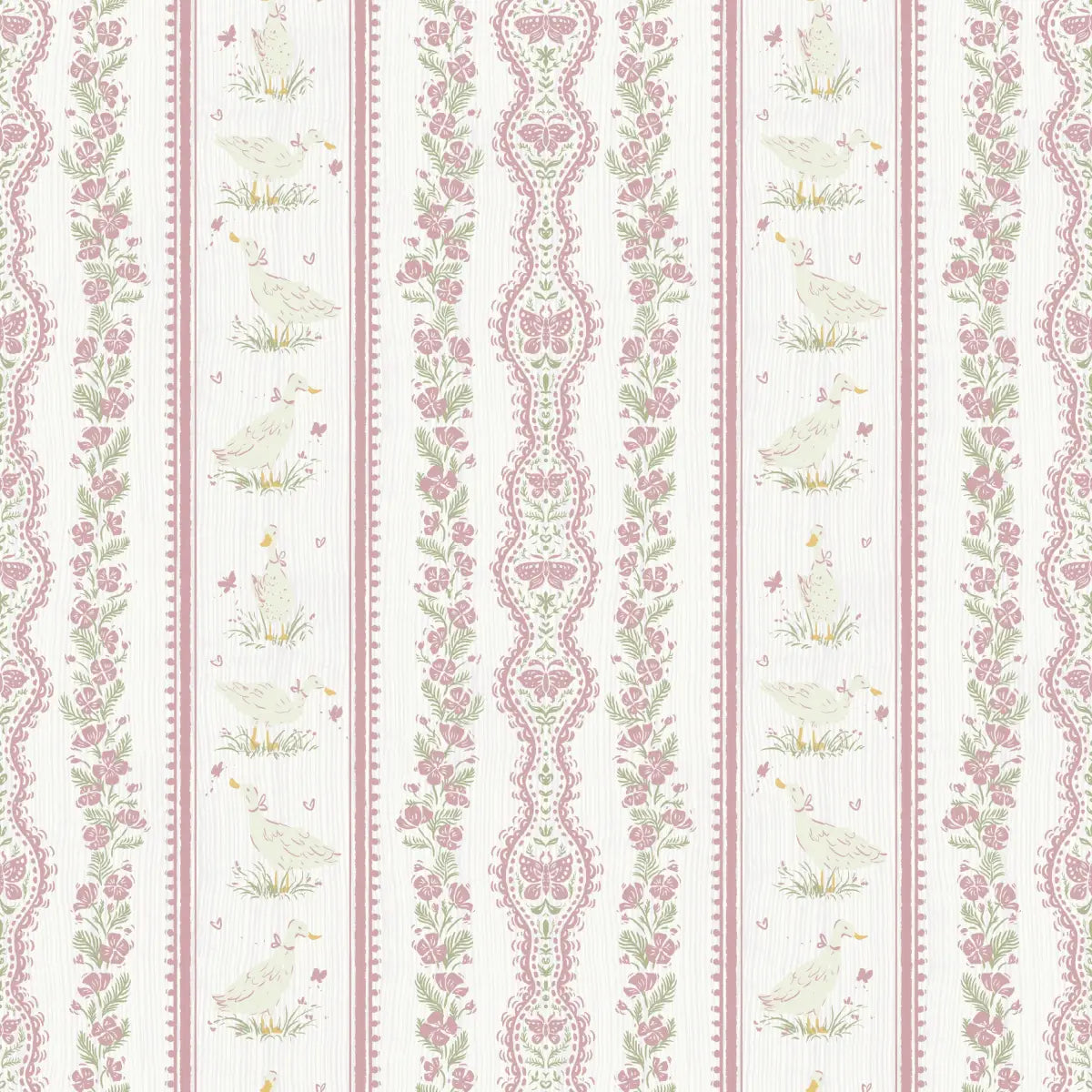 Emmie Wallpaper - Pastel Stripes with Ducks for Kids - by RNM Arts - Sample 1 foot by 1 foot / Pink - Loomwell Home