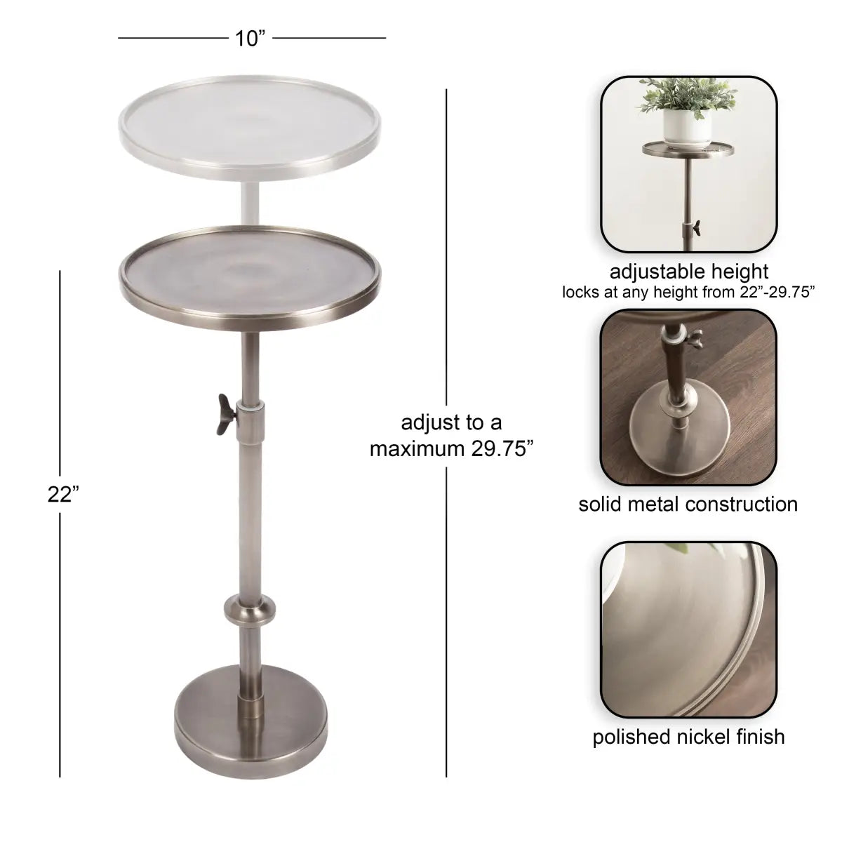 Engles Accent Table and Plant Stand - Adjustable Polished Metal - kateandlaurel
