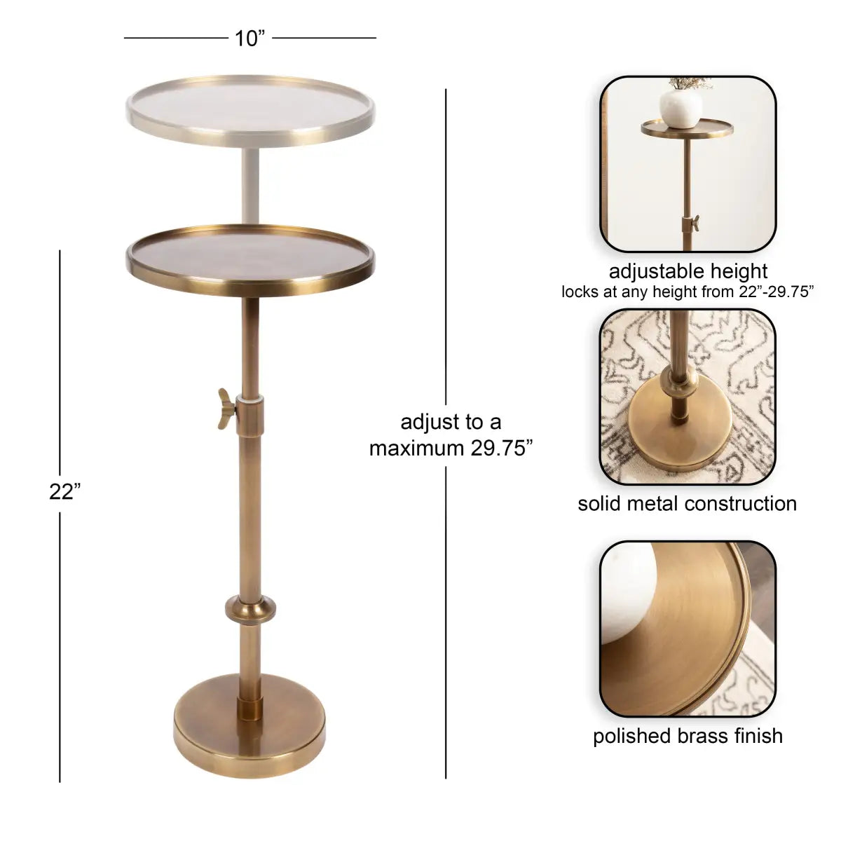 Engles Accent Table and Plant Stand - Adjustable Polished Metal - kateandlaurel