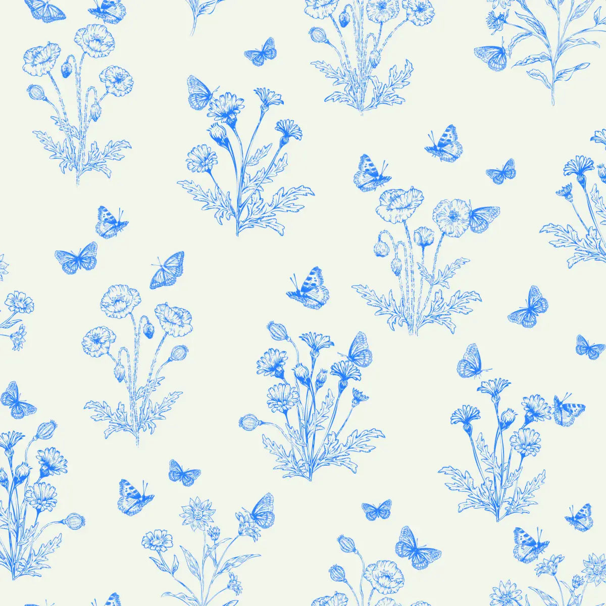 Ever Wallpaper - Poppies and Butterflies - by Anna Black Creative - Sample 1 foot by 1 foot / Blue - Loomwell Home Goods