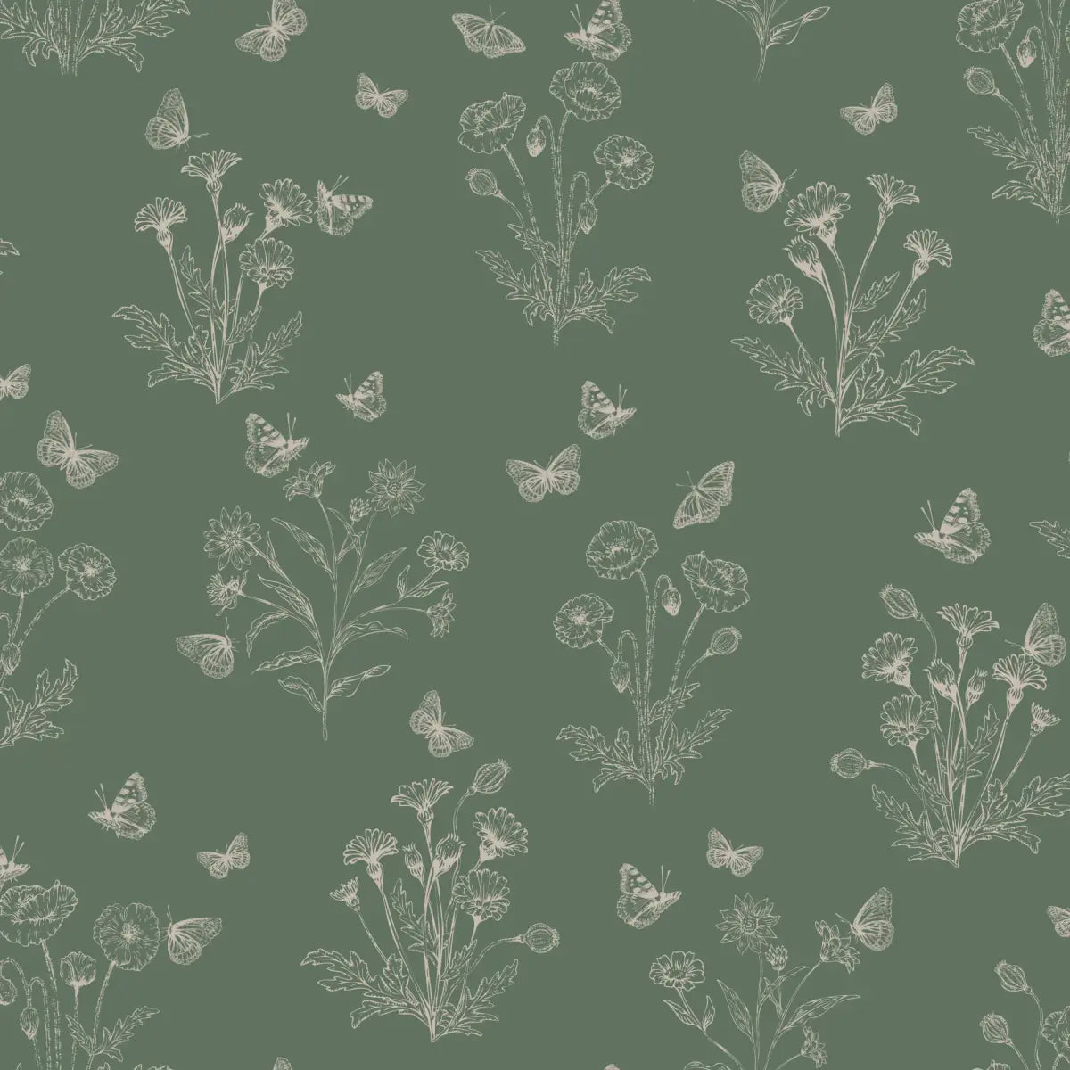 Ever Wallpaper - Poppies and Butterflies - by Anna Black Creative - Sample 1 foot by 1 foot / Green - Loomwell Home