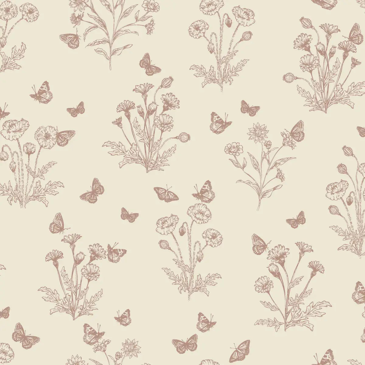 Ever Wallpaper - Poppies and Butterflies - by Anna Black Creative - Sample 1 foot by 1 foot / Neutral - Loomwell Home