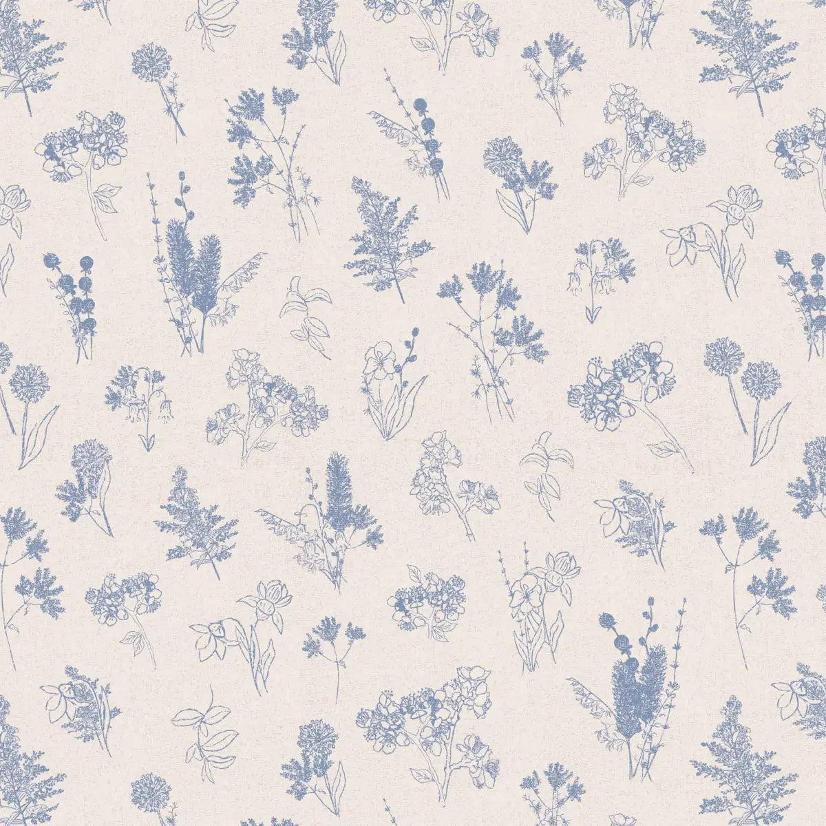 Everette Wallpaper - Neutral Flower Sketches - by Hannah Langford Design - Sample 1 foot by 1 foot / Cream and Blue