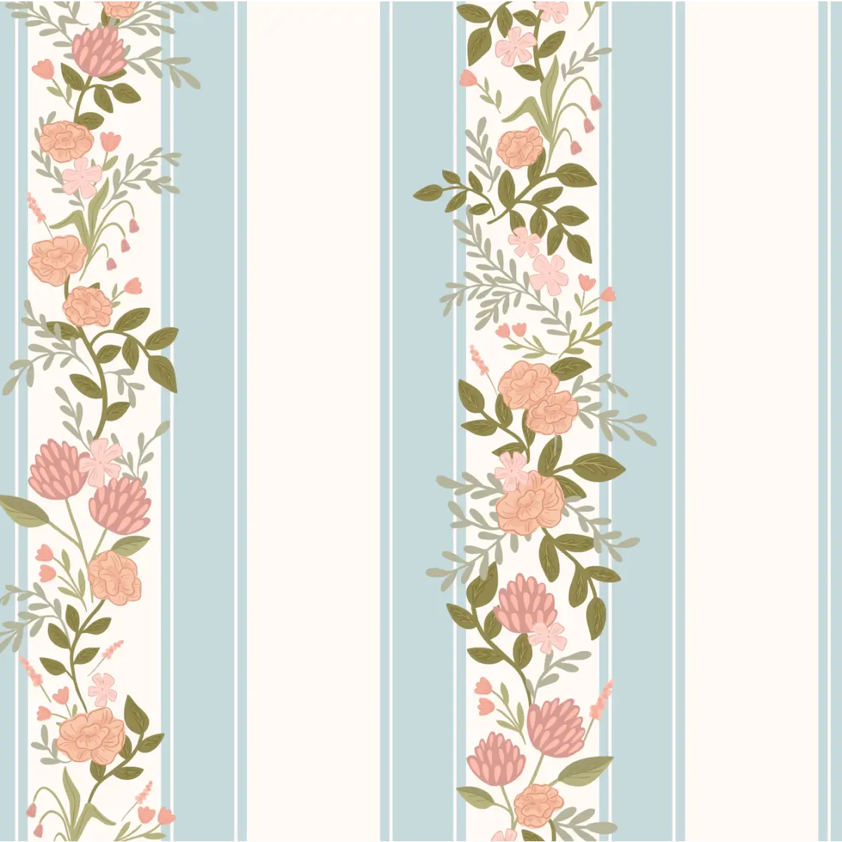 Evie Wallpaper - Classic Cottage Stripe Floral - by Jackie Jean Design - Sample 1 foot by 1 foot / Blue / Large Scale