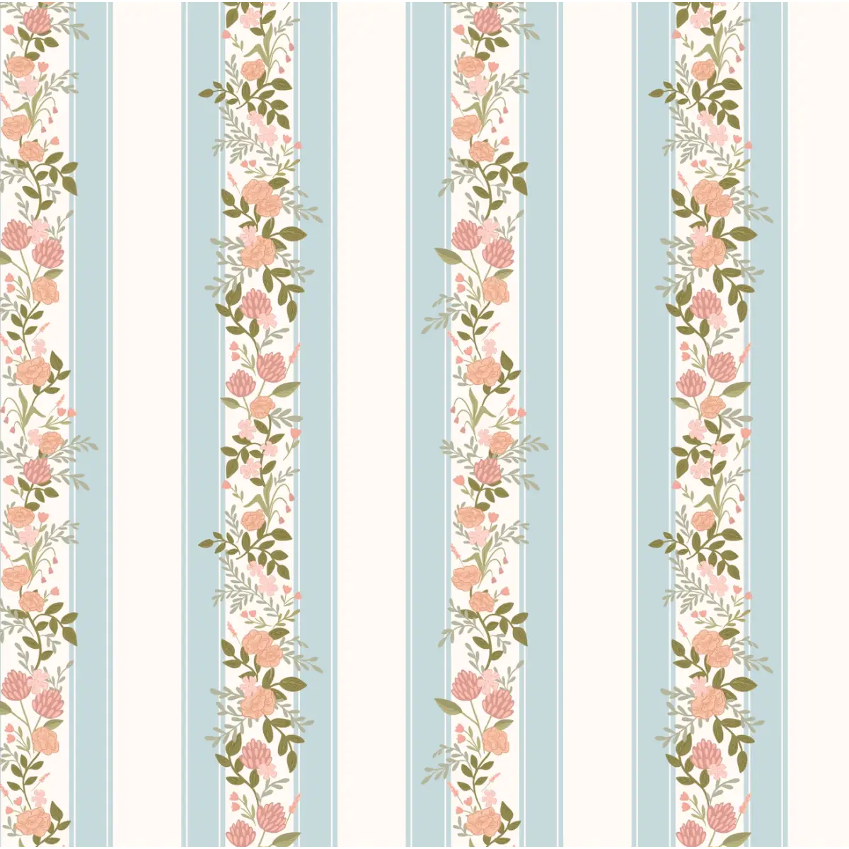 Evie Wallpaper - Classic Cottage Stripe Floral - by Jackie Jean Design - Sample 1 foot by 1 foot / Blue / Small Scale