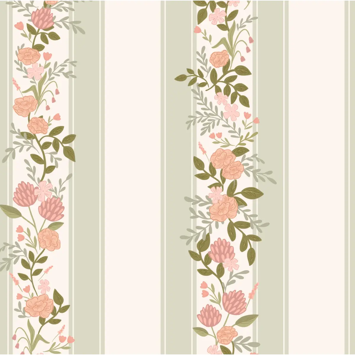 Evie Wallpaper - Classic Cottage Stripe Floral - by Jackie Jean Design - Sample 1 foot by 1 foot / Sage / Large Scale