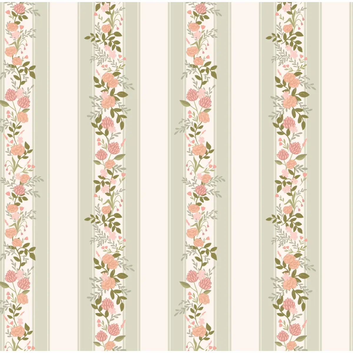 Evie Wallpaper - Classic Cottage Stripe Floral - by Jackie Jean Design - Sample 1 foot by 1 foot / Sage / Small Scale