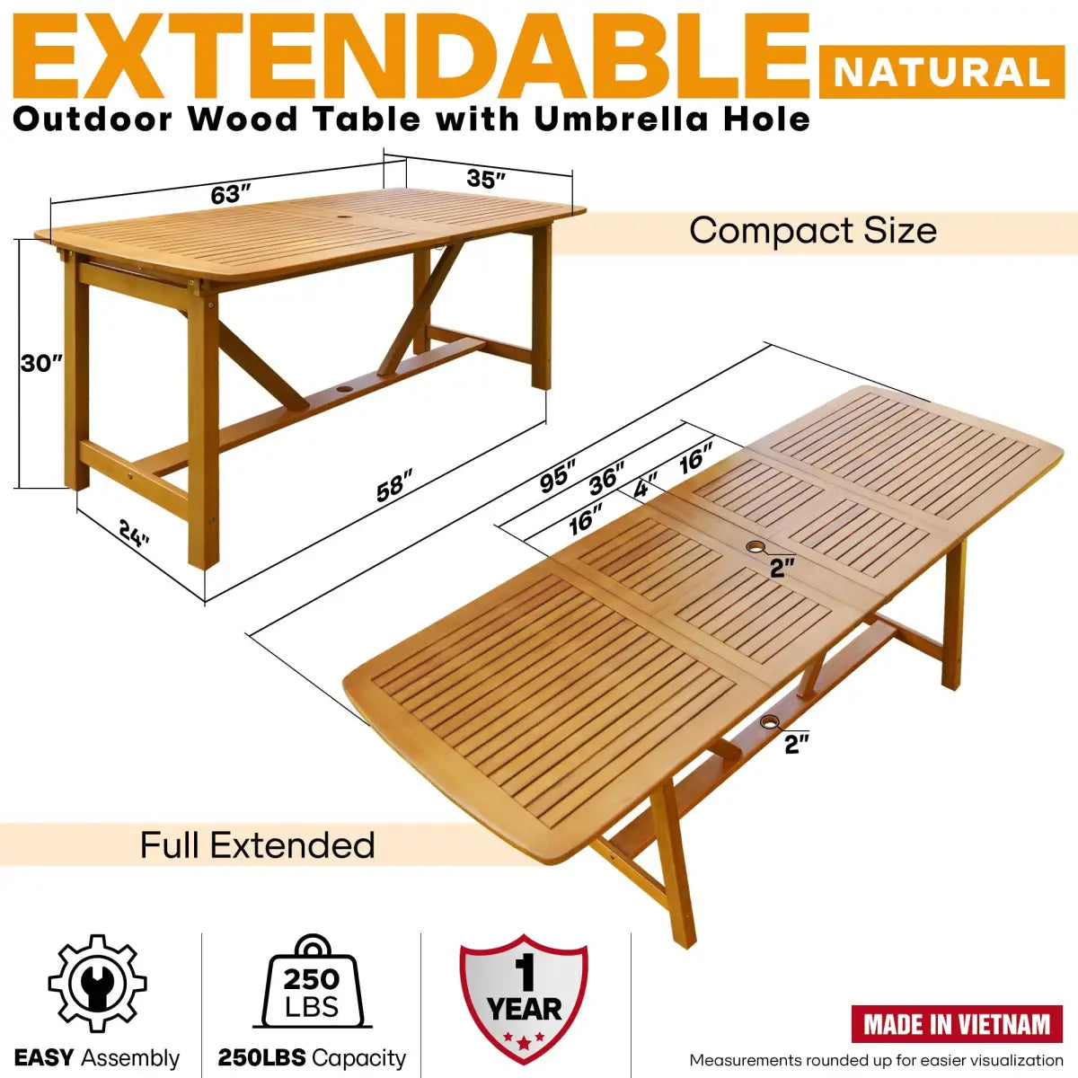 Extendable Outdoor Dining Table - Eucalyptus Wood - Megsu