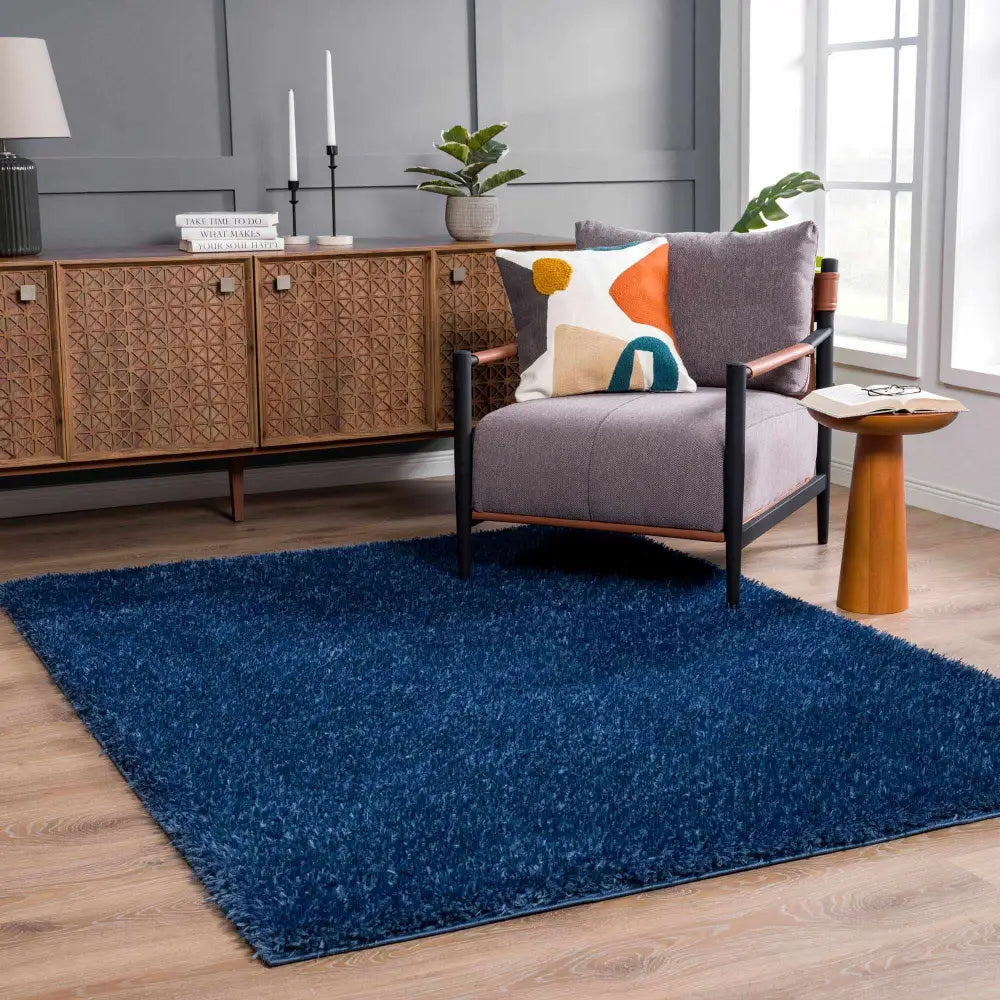 Faina Solid Dark Blue Shag Rug Washable - Boutique Rugs