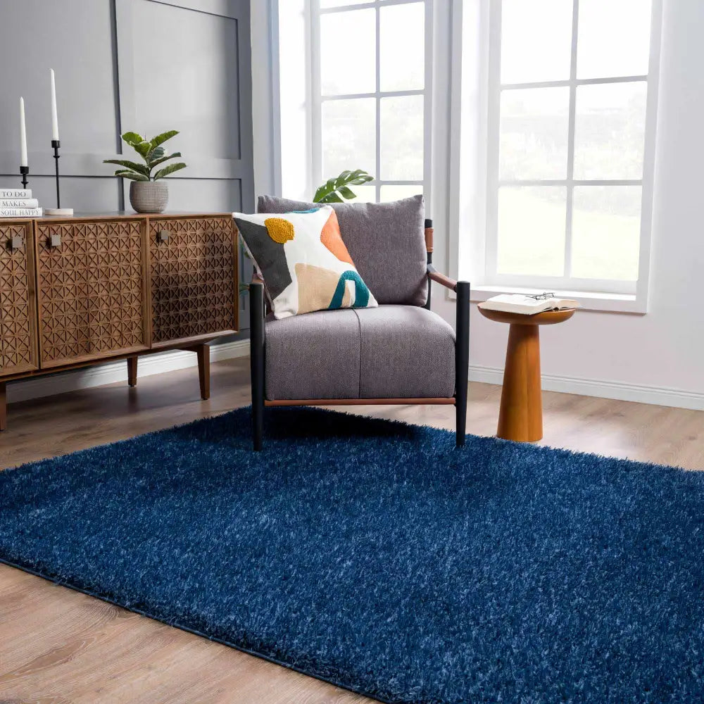 Faina Solid Dark Blue Shag Rug Washable - Boutique Rugs