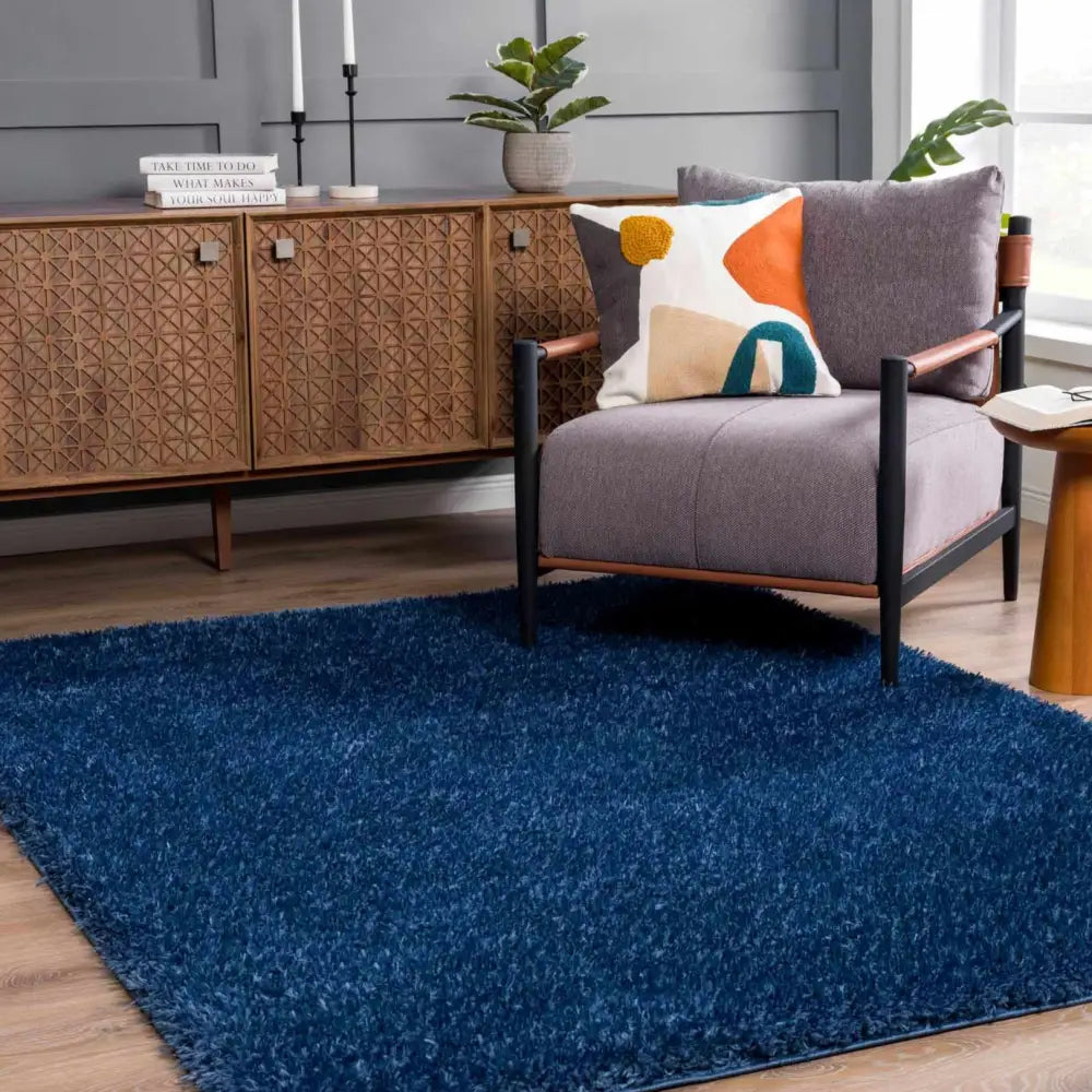 Faina Solid Dark Blue Shag Rug Washable - Boutique Rugs