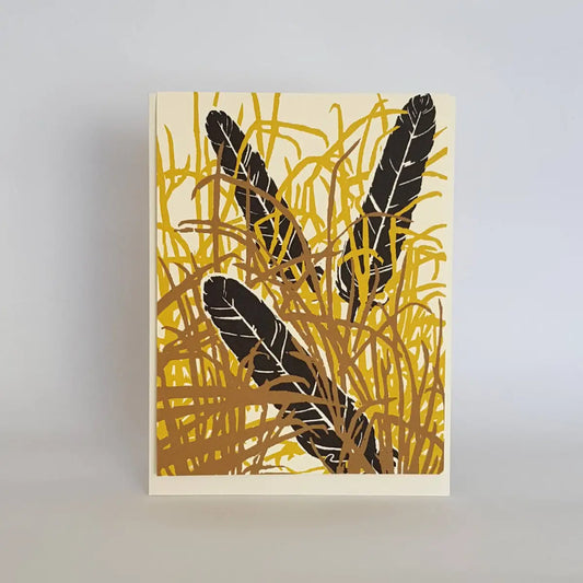 Fall Blank Greeting Card - Raven Feathers in Grass - Little Green