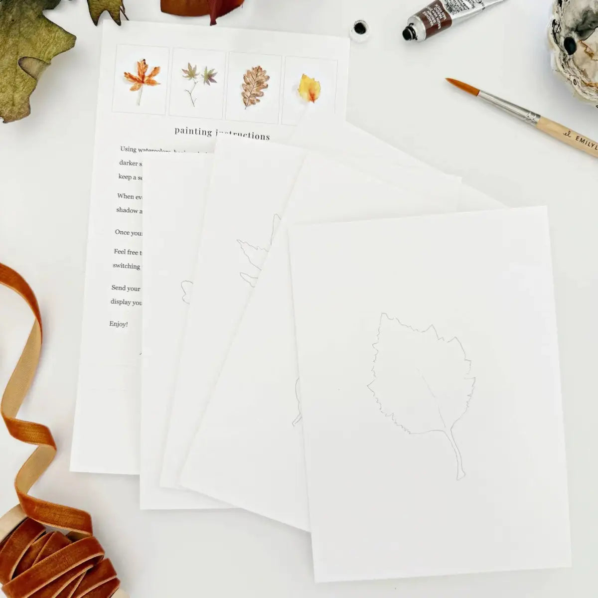 Watercolor Notecard Set - Fall Leaves - Paintable - emily lex studio