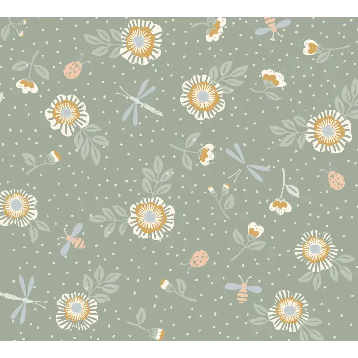 Fallon Wallpaper - Flowers Bees and Dragonflies - by House of Haricot - Sample 1 foot by 1 foot / Dark Green - Loomwell